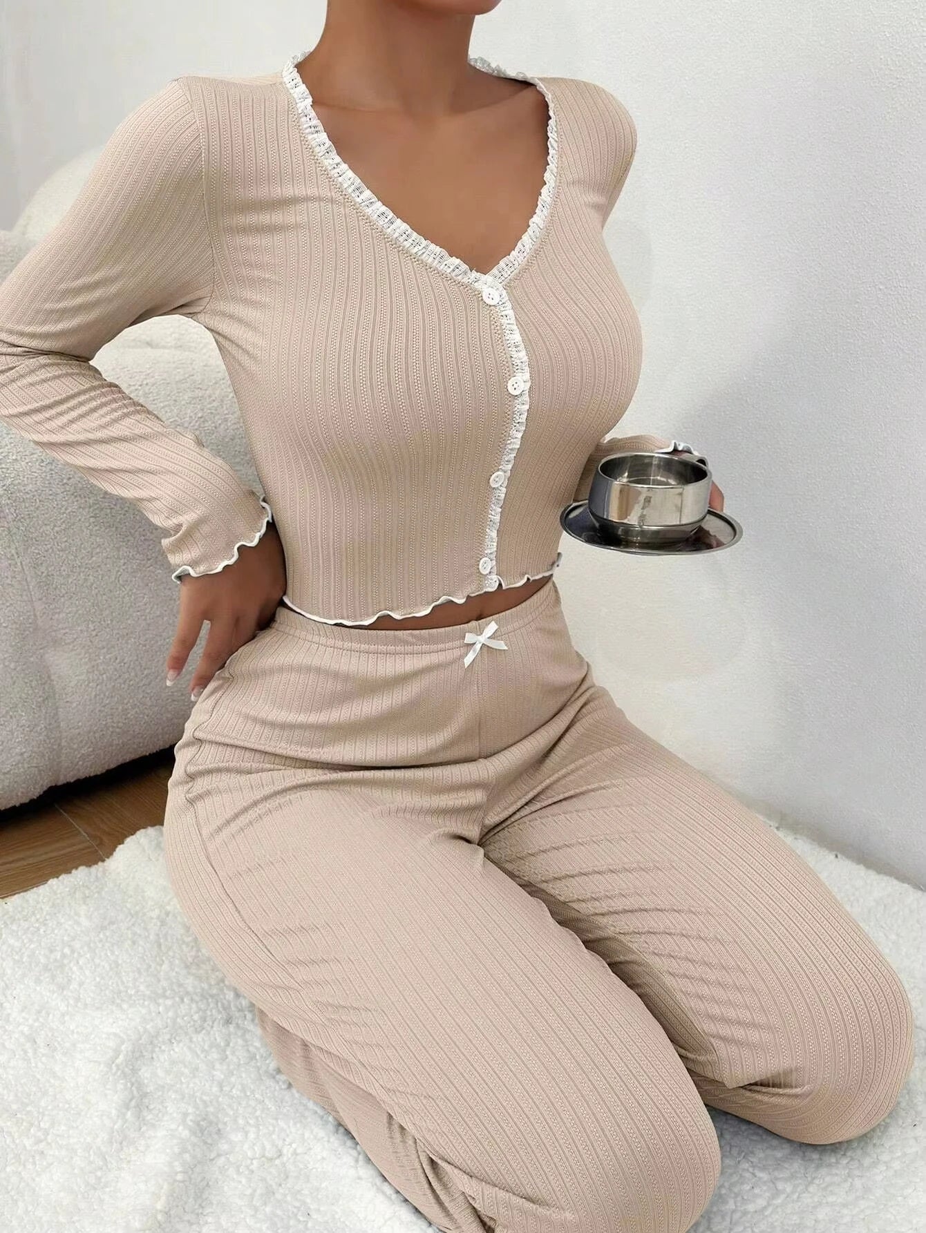 2025 automne hiver Homewear pyjamas ensemble pour femmes manches longues chemise pantalon 2 pièces Sexy dentelle Pijamas vêtements de nuit vêtements de détente