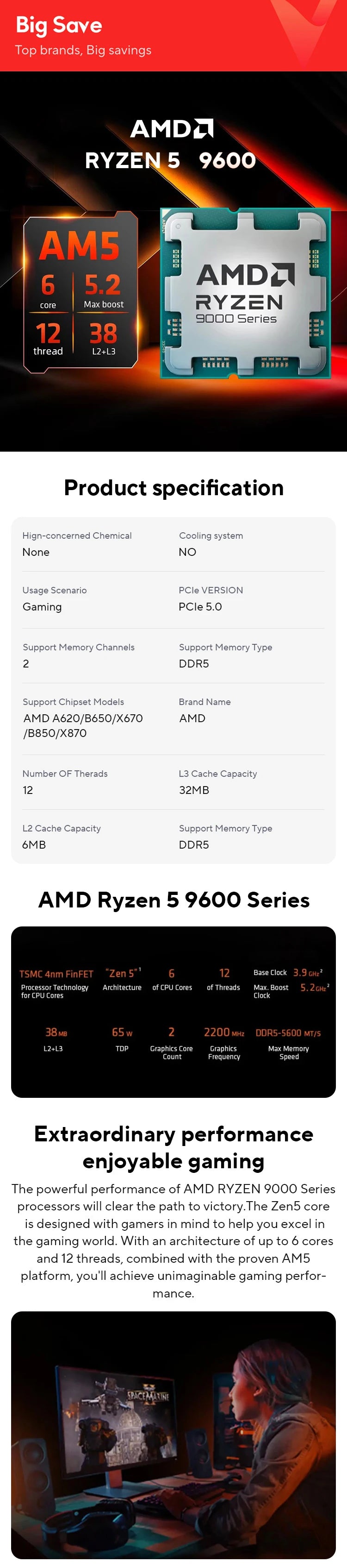 AMD Ryzen 5 9600 tout nouveau processeur 5.2GHz 6 cœurs 12 threads 38 mo de Cache 4NM TDP 65W Socket AM5 processeur de jeu sans emballage