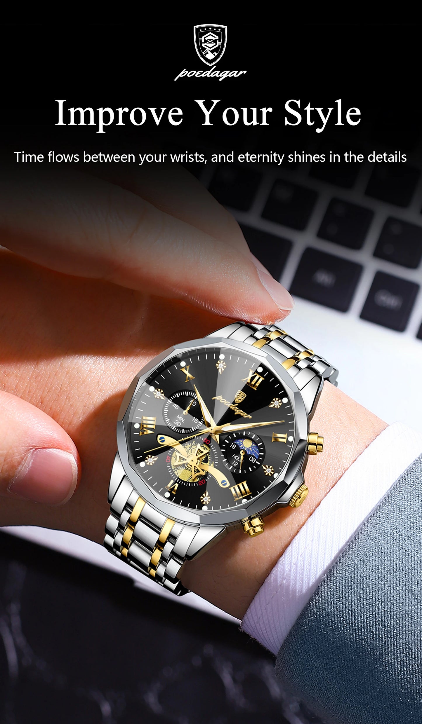 POEDAGAR Montre de luxe pour homme, étanche, chronographe lumineux, montre sport pour homme, acier inoxydable, montre à quartz tendance pour homme, Reloj