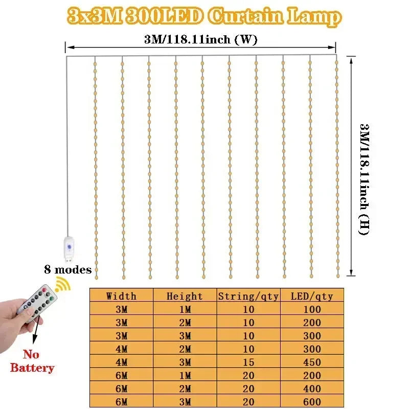 Guirlande LED 3x3m avec 300 lumières, télécommande 8 modes, idéale pour décoration intérieure ou extérieure