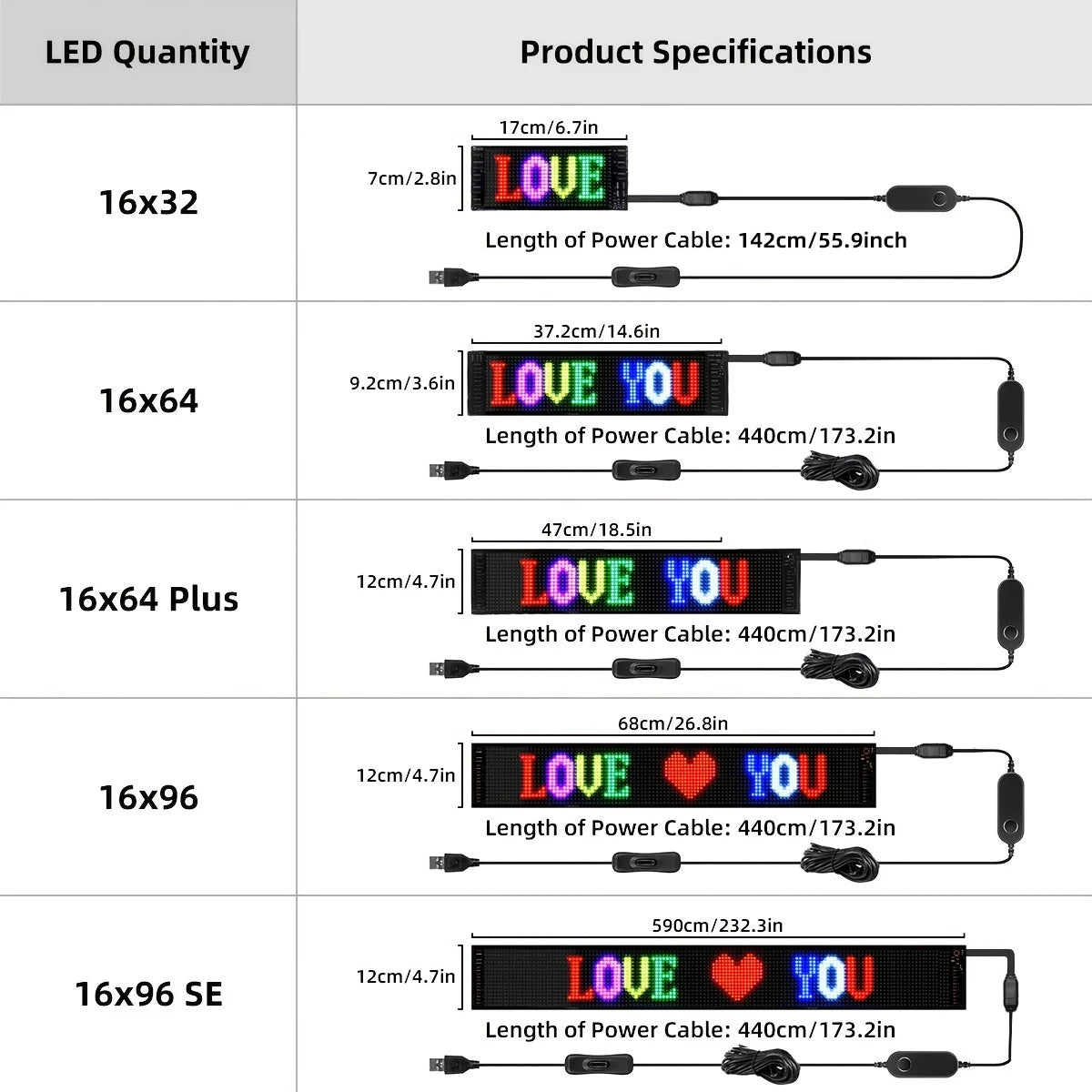 Bande LED programmable avec affichage texte 'LOVE YOU', tailles variées, câble USB, idéale pour décoration