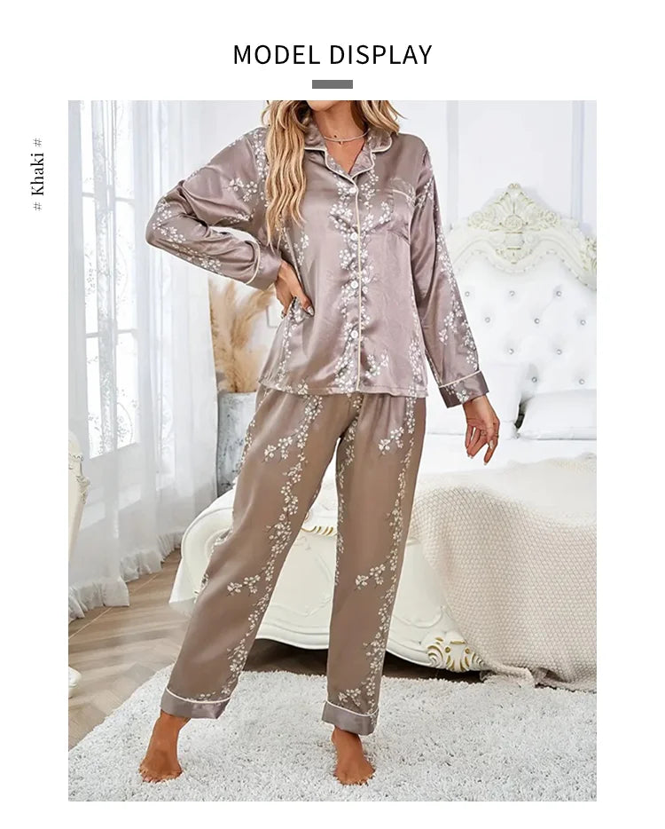 Femmes Satin Pyjama décontracté vêtements de nuit maison vêtements costume automne à manches longues boutonné haut et pantalon vêtements de nuit vêtements de détente Pyjama Femme