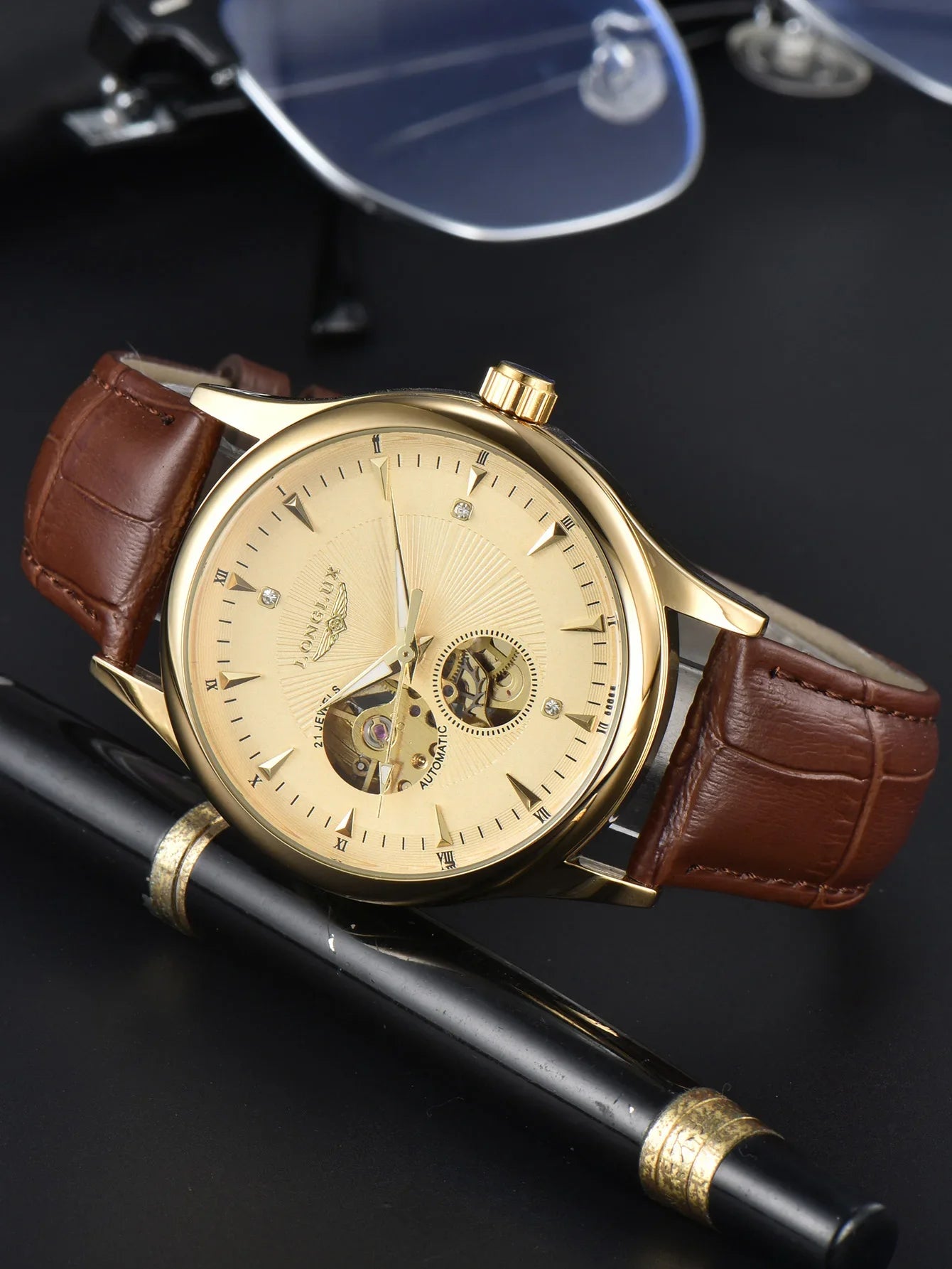 Montre automatique LONGLUX, style élégant, vente en gros, montres mécaniques squelette, cadran romain, étanche, montre homme, cadeau pour homme