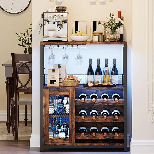 Armoire à vin rétro avec lumières LED 7 couleurs, porte-bouteille réglable et support en verre, stockage de boissons multifonctionnel pour Bar à domicile