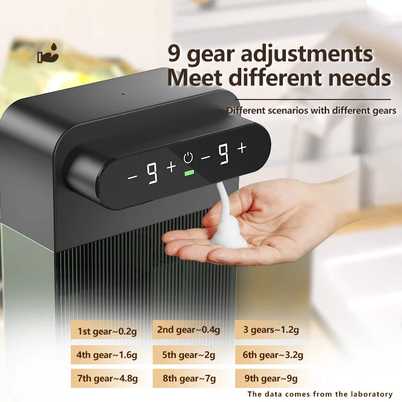 Distributeur de mousse automatique avec 9 niveaux de réglage pour besoins variés, idéal pour salle de bain ou cuisine
