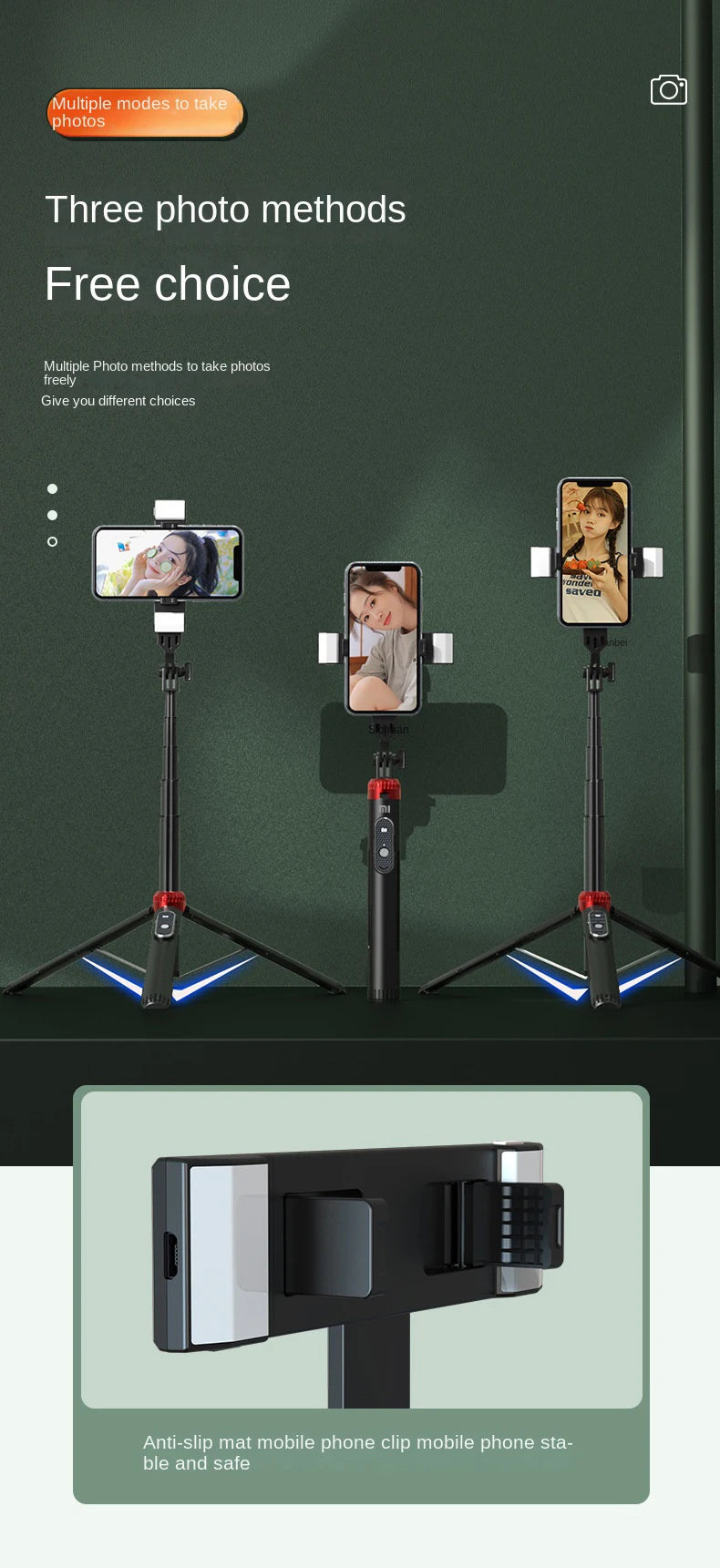 Trépied perche à selfie P160 de 1.6 m, support de téléphone portable rétractable en alliage d'aluminium avec Bluetooth aste pour IOS Android