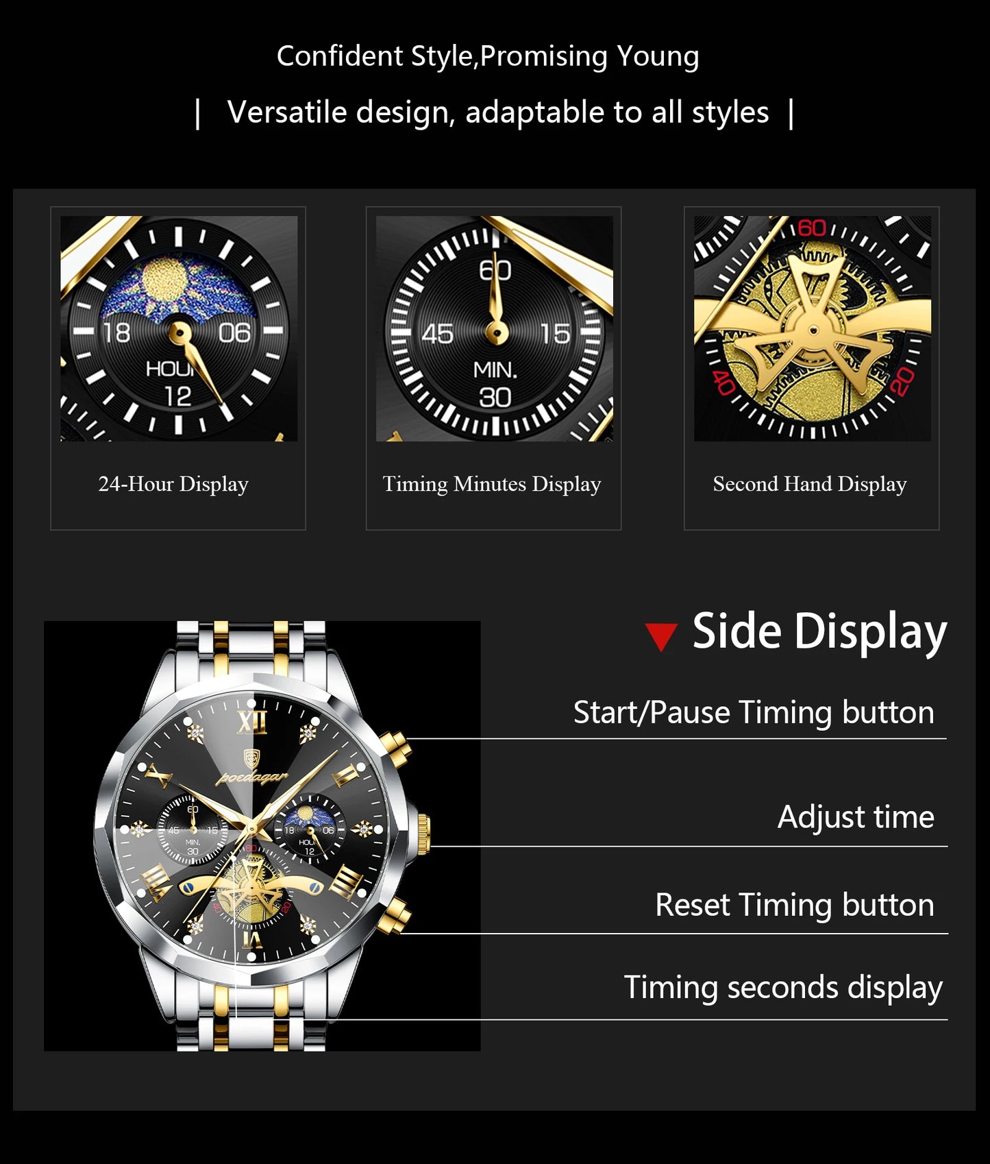POEDAGAR Montre de luxe pour homme, étanche, chronographe lumineux, montre sport pour homme, acier inoxydable, montre à quartz tendance pour homme, Reloj