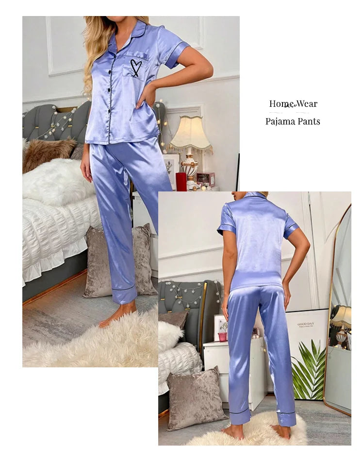 Ensemble de pyjama brodé en satin pour femme, poche, cœur, confortable, manches courtes, bouton, pantalon de salon, vêtements de nuit