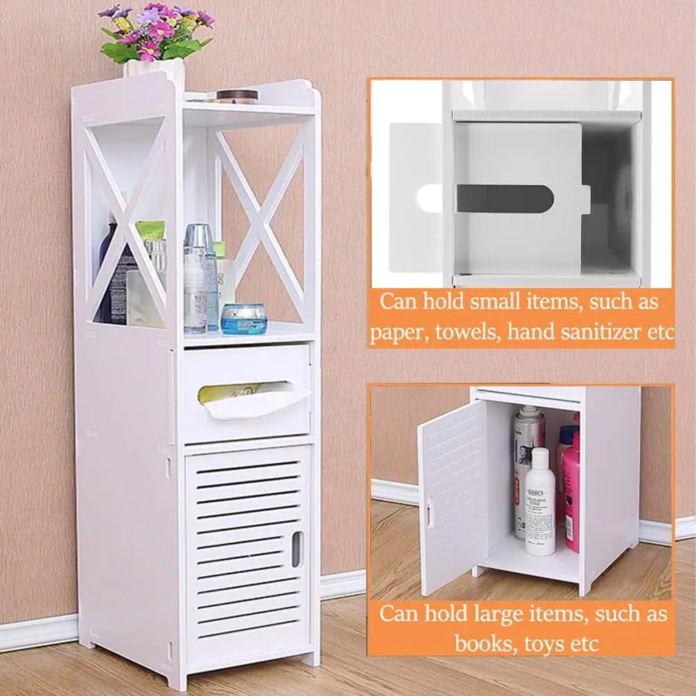 Meuble de rangement blanc avec étagères, tiroir et porte, idéal pour salle de bain ou chambre