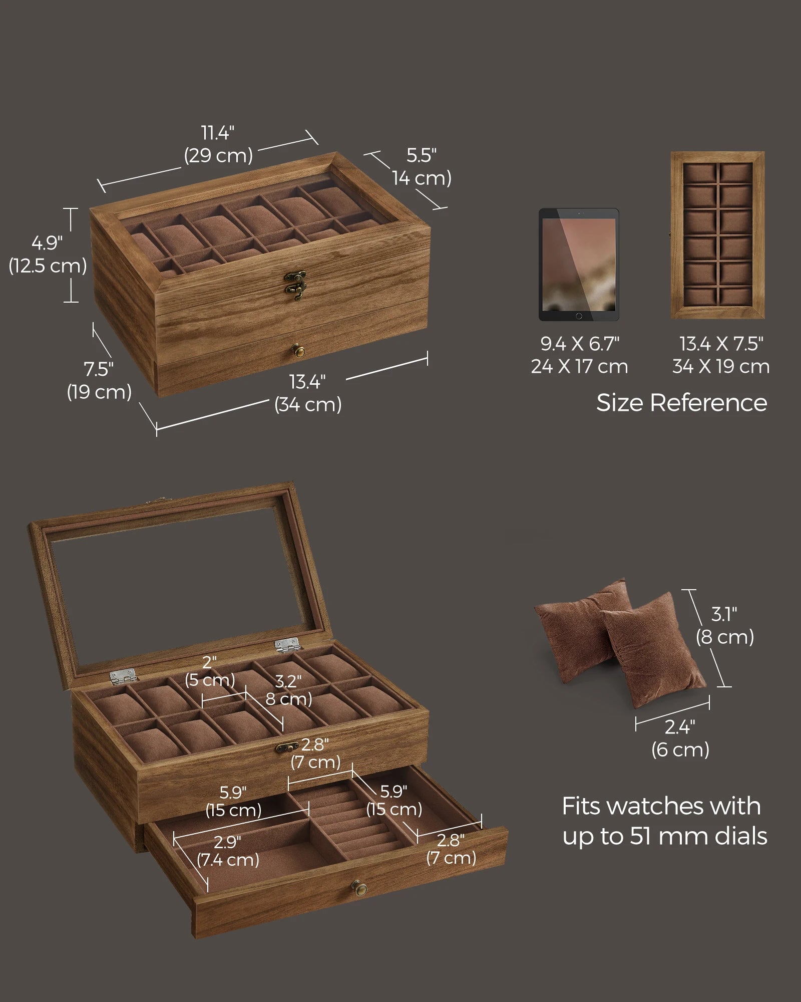 Boîte à montres en bois avec tiroir, compartiments doublés velours, dimensions détaillées, pour montres jusqu'à 51 mm