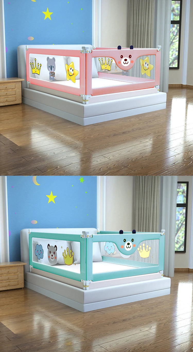Barrière de lit enfant rose et turquoise avec motifs animaux et couronnes, sécurité pour chambre d'enfant