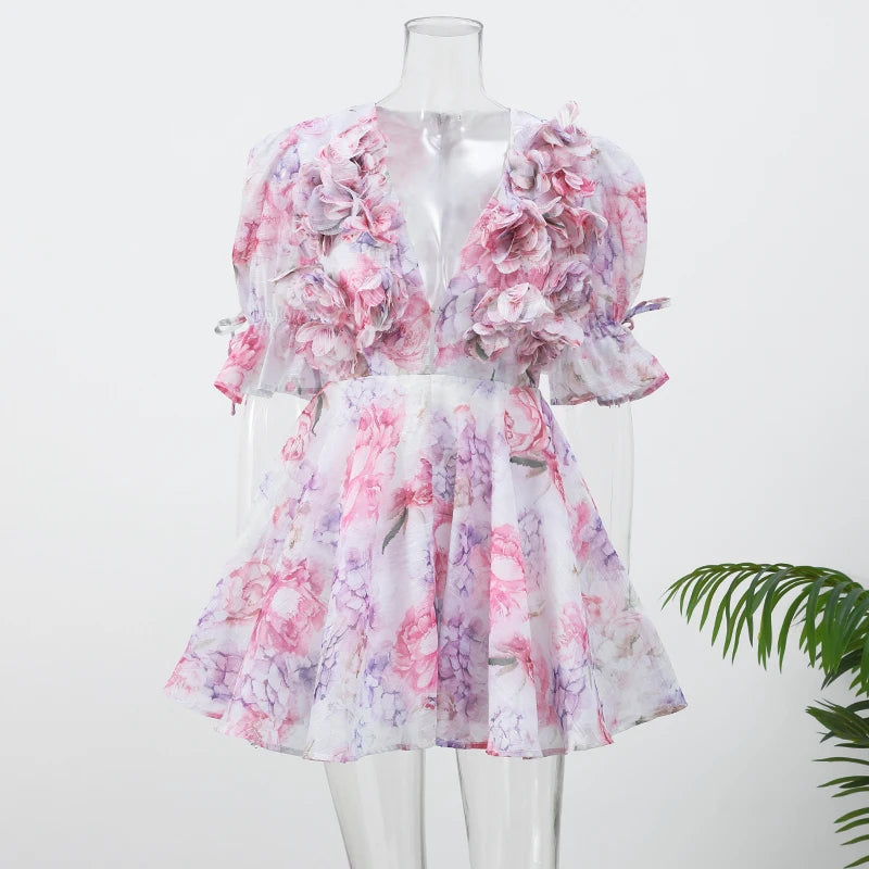 Femmes cravate-teinture 3D fleur col en V pleine sans manches Mini robes mode mince imprimé plusieurs plis robes nouvelle dame vêtements de vacances