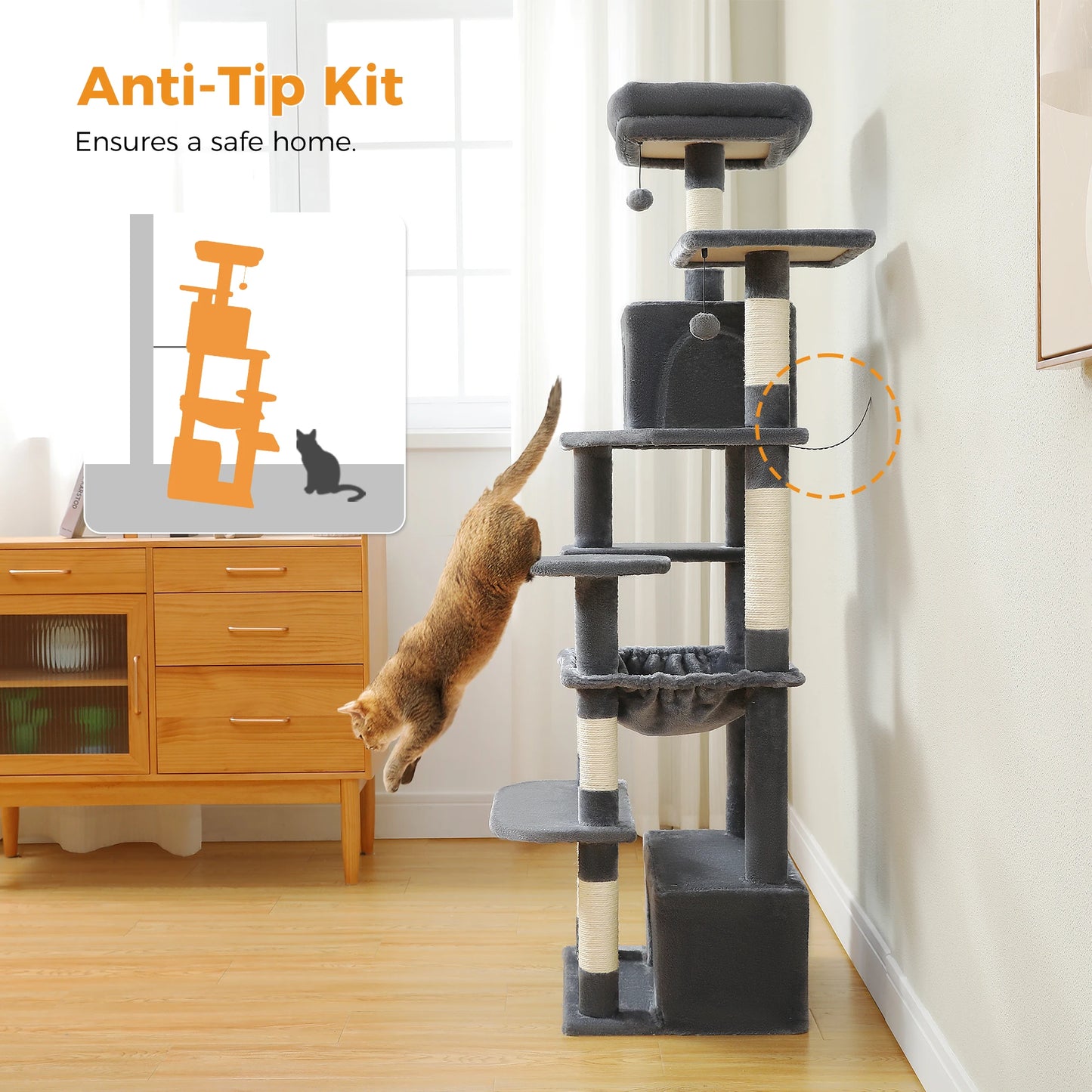 Arbre à chat gris avec kit anti-basculement, plateformes et griffoirs pour chat, sécurité à la maison