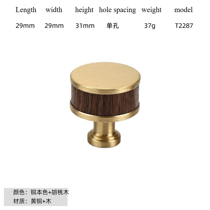 Nouvelle poignée de porte d'armoire en noyer de style chinois – Bouton rond monotrou en laiton et bois nordique en or pour tiroirs et meubles