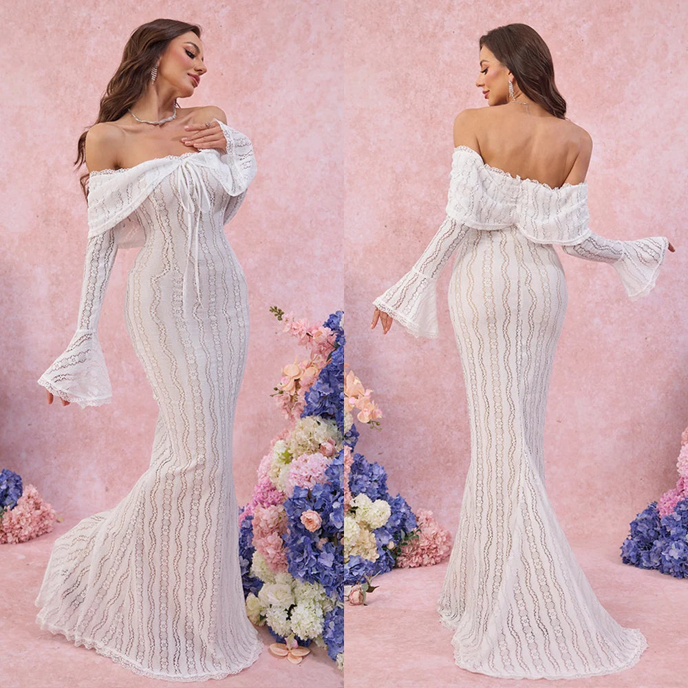 Suninheart Robe Longue Blanche Épaules Dénudées pour Événements - Robe de Soirée Rouge Manches Longues en Dentelle Élégante 2025 - Robe de Mariage Luxueuse, Robe de Bal pour Femmes
