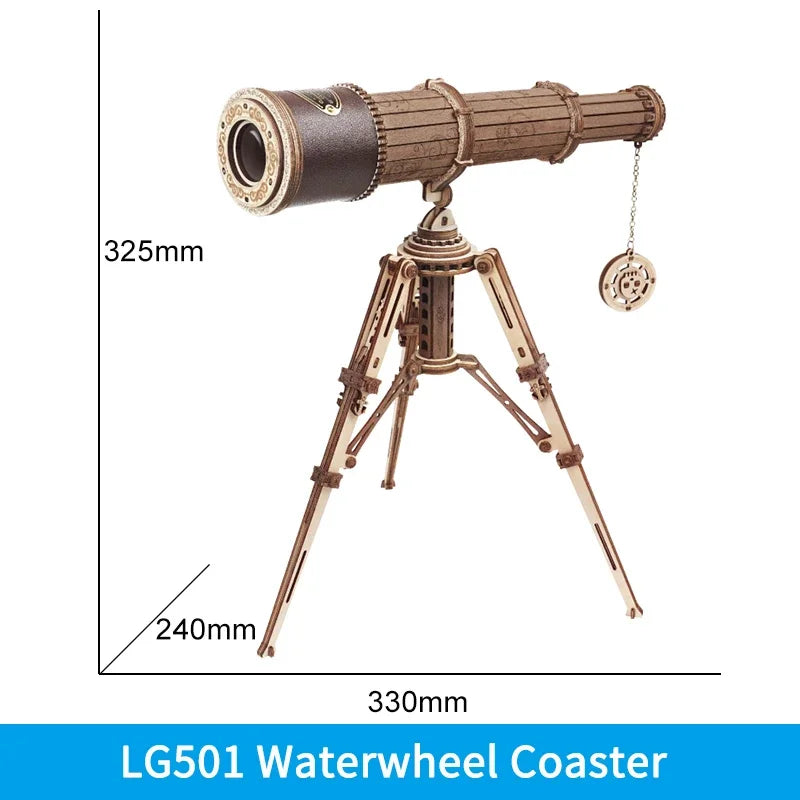 Télescope en bois assemblé LG501 Waterwheel Coaster, design steampunk, trépied ajustable, dimensions 325x330mm