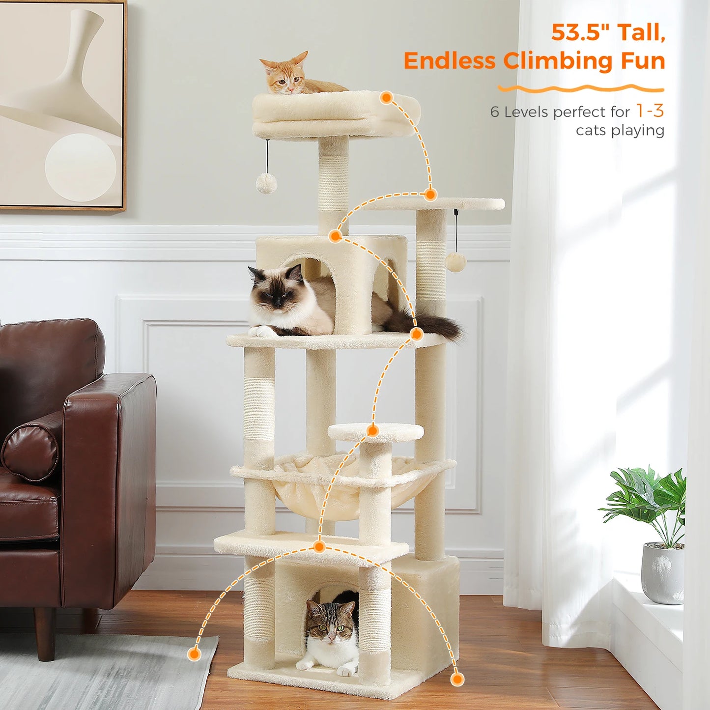 Arbre à chat 6 niveaux 53,5 pouces, griffoirs et niches pour 1 à 3 chats, jeu et repos