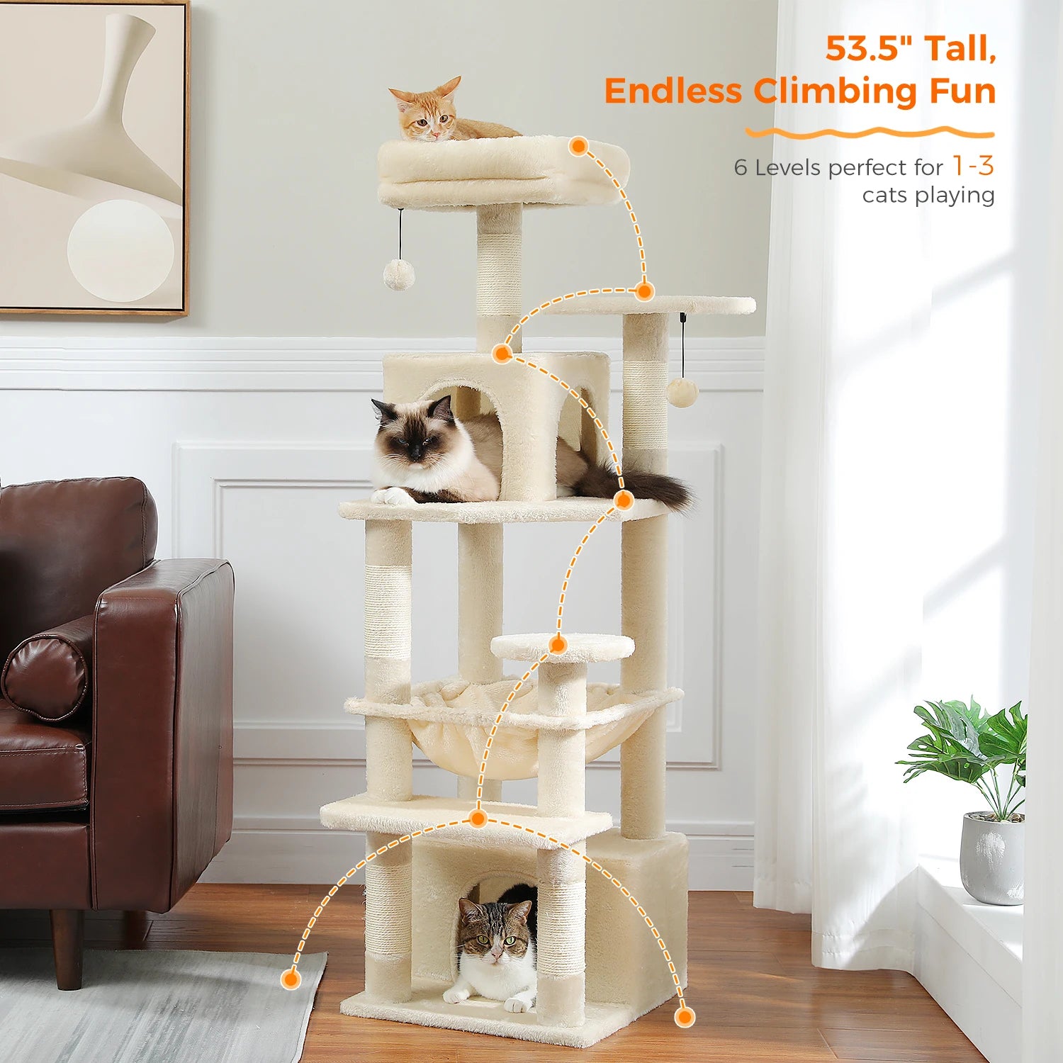 Arbre à chat 6 niveaux 53,5 pouces, griffoirs et niches pour 1 à 3 chats, jeu et repos