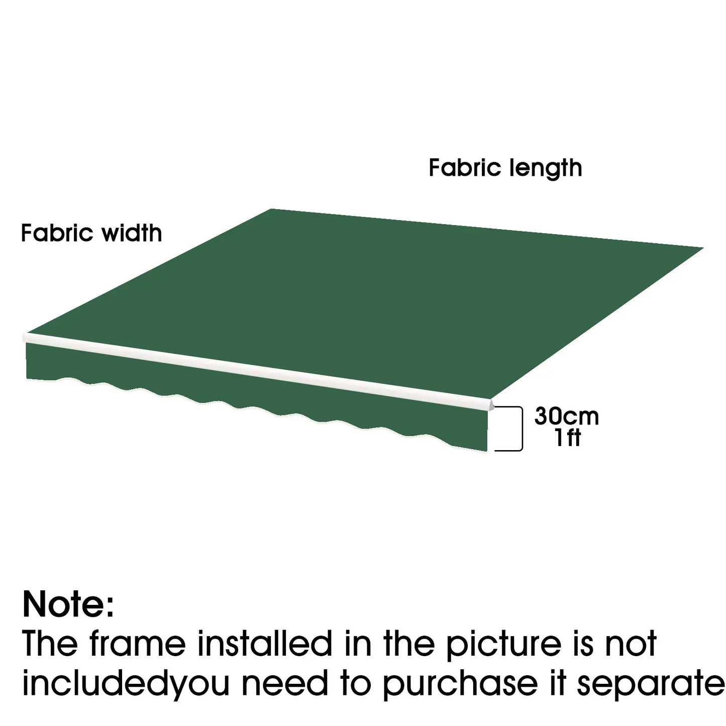 Toile d'auvent vert foncé avec dimensions : largeur et longueur du tissu, cadre non inclus