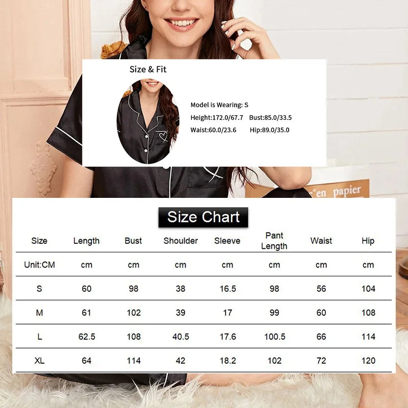 Ensemble de pyjama brodé en satin pour femme, poche, cœur, confortable, manches courtes, bouton, pantalon de salon, vêtements de nuit