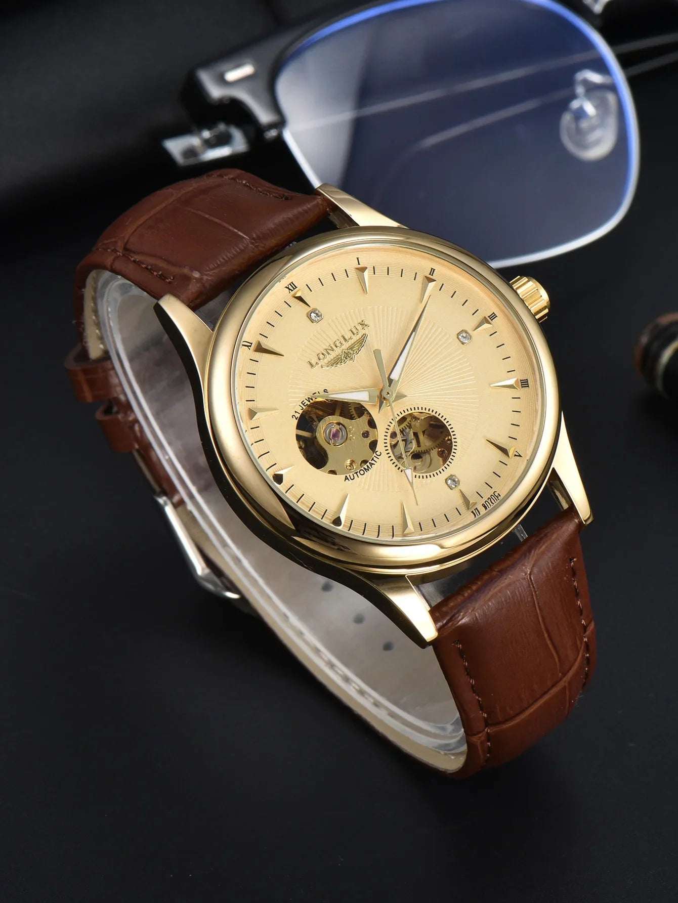 Montre automatique LONGLUX, style élégant, vente en gros, montres mécaniques squelette, cadran romain, étanche, montre homme, cadeau pour homme