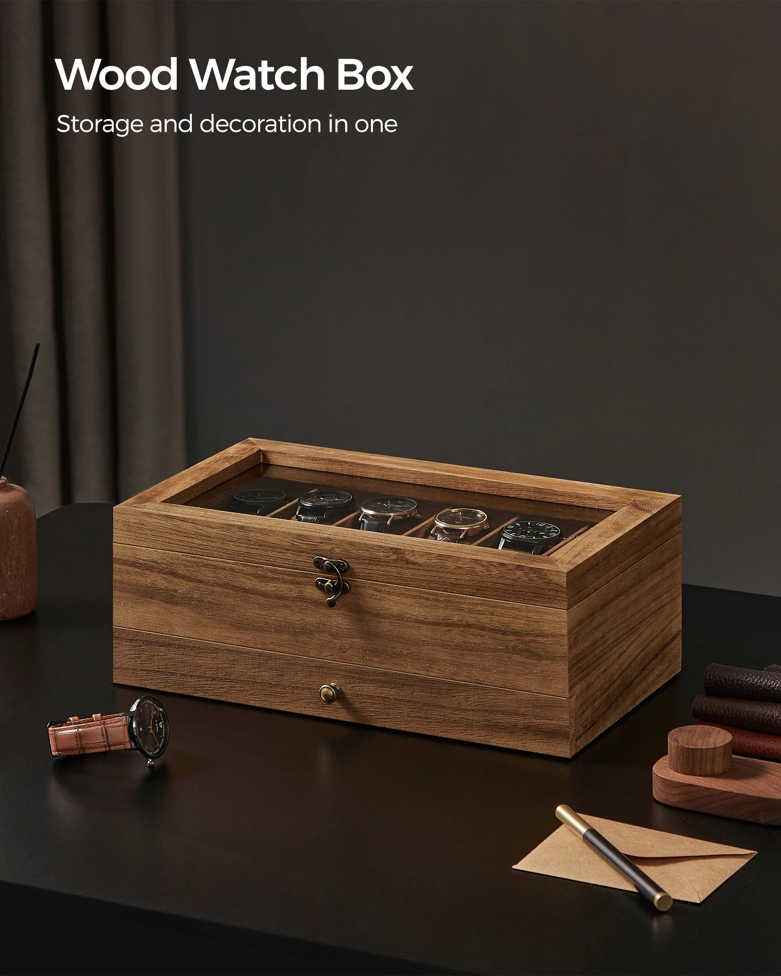 Boîte en bois pour montres, rangement et décoration élégante avec vitre et compartiments