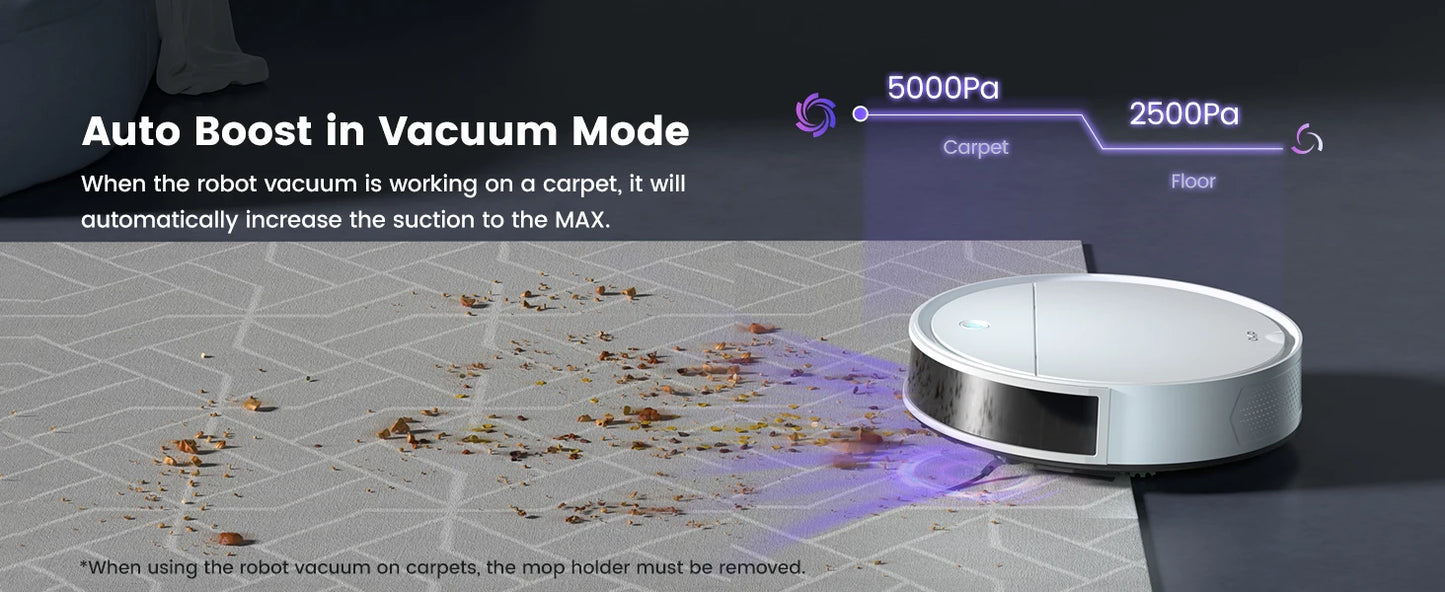 Aspirateur robot intelligent avec mode Auto Boost 5000Pa sur tapis, 2500Pa sur sol dur, nettoyage automatique
