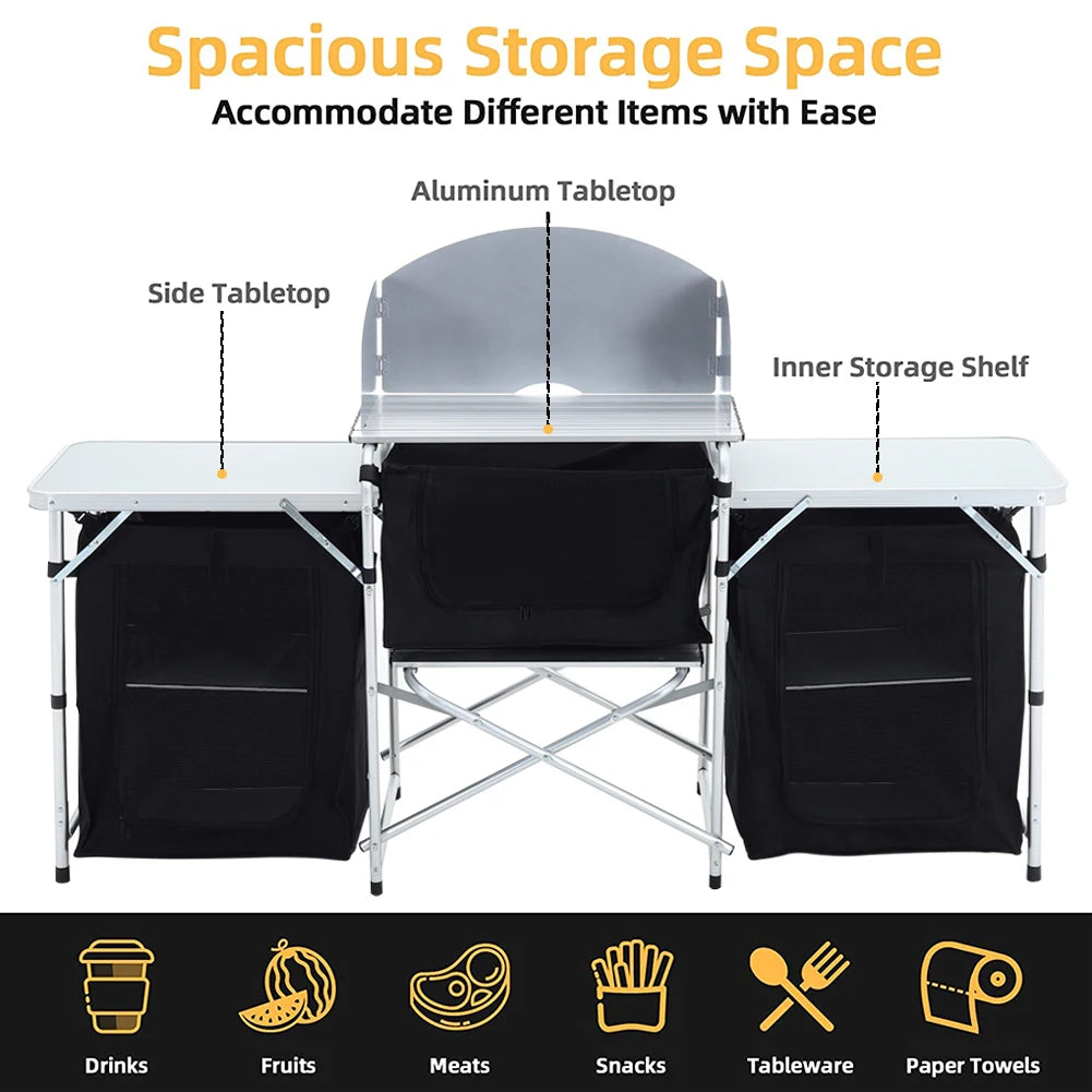Ensemble de table de cuisine de camping Portable, support de rangement extérieur Vertical, table de préparation pliable avec armoire de rangement