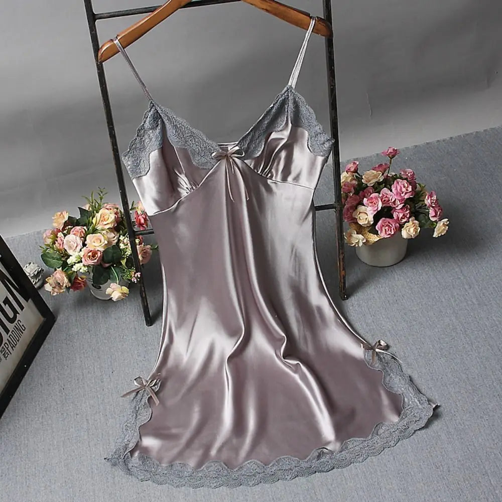 Mignon dentelle Camisola Patchwork femmes chemises de nuit robe en soie nœuds papillon Lingerie nuisette femmes