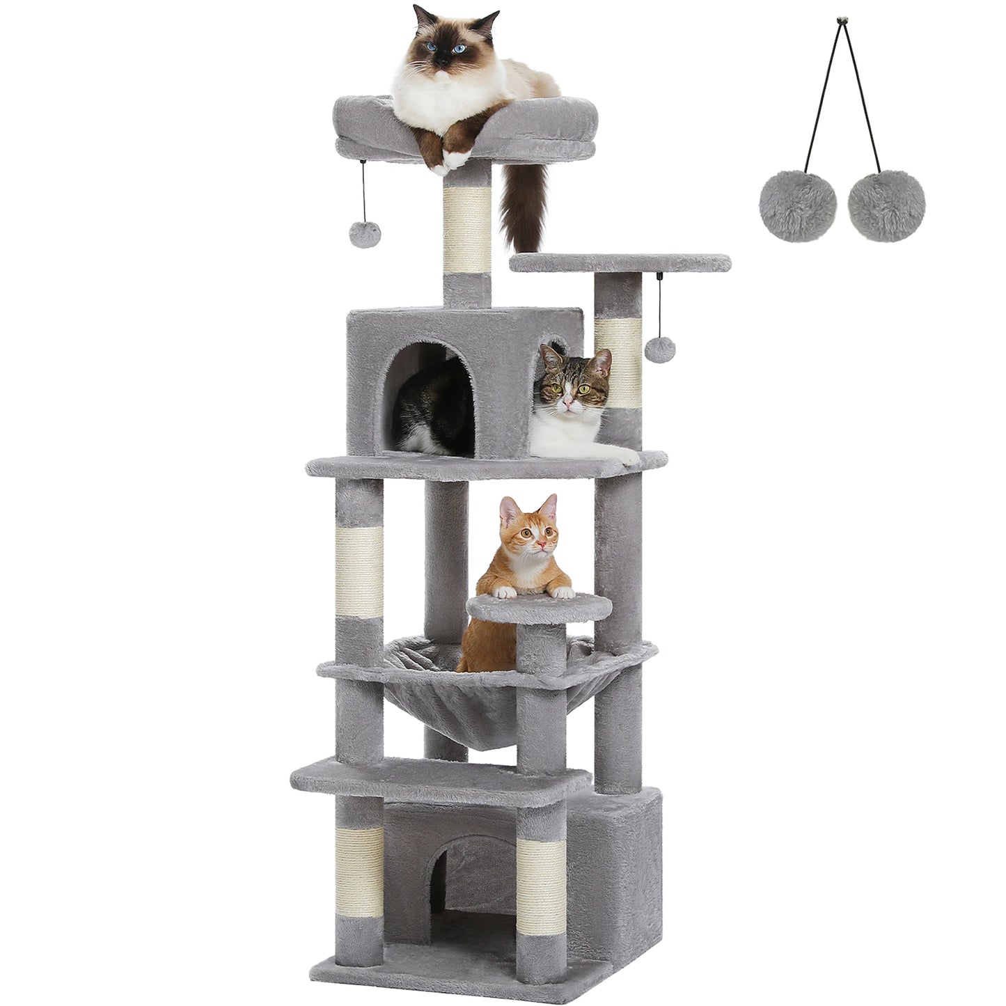 Arbre à chat gris avec griffoirs, plateformes et jouets pour chats, idéal pour chaton ou chat adulte