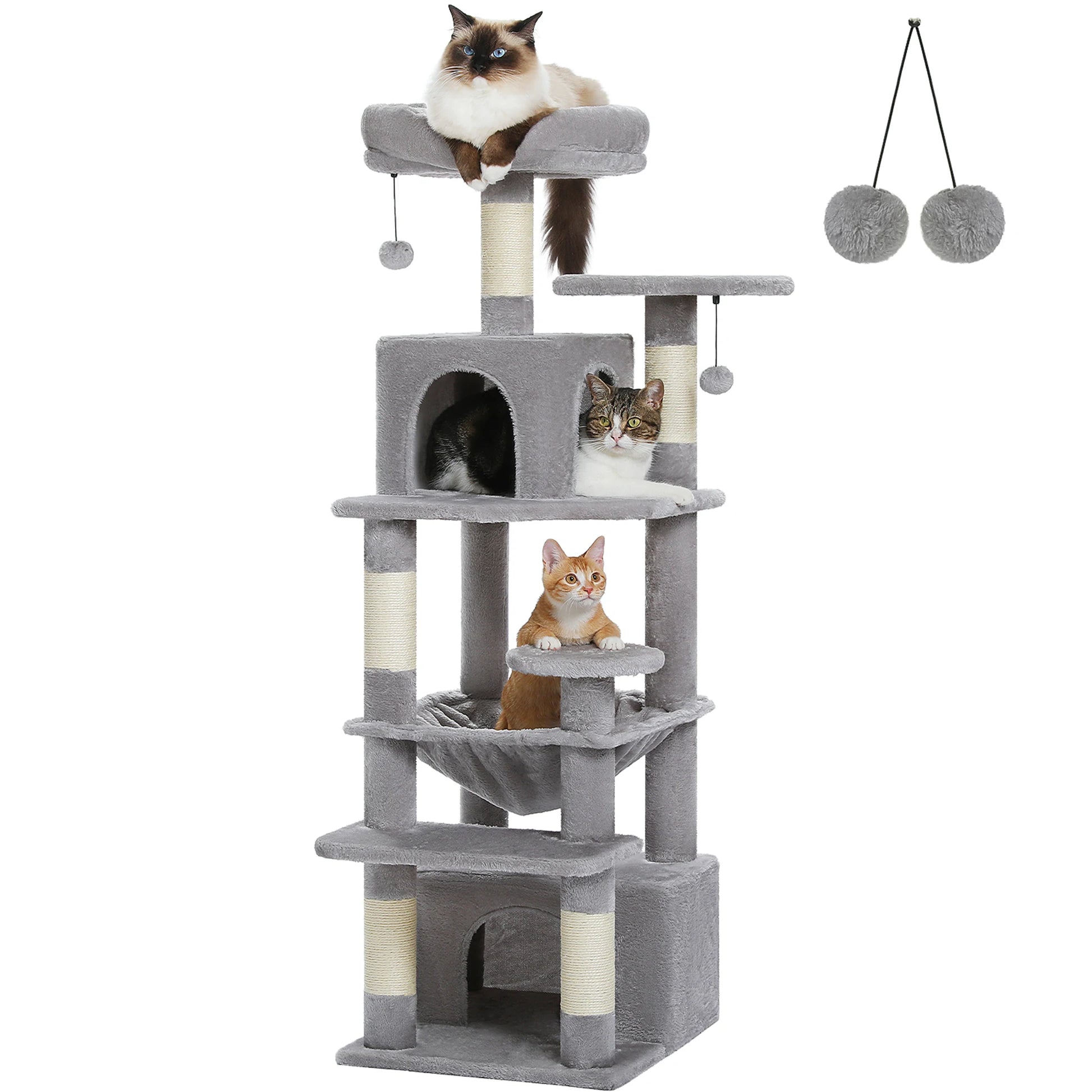 Arbre à chat gris avec griffoirs, plateformes et jouets pour chats, idéal pour chaton ou chat adulte