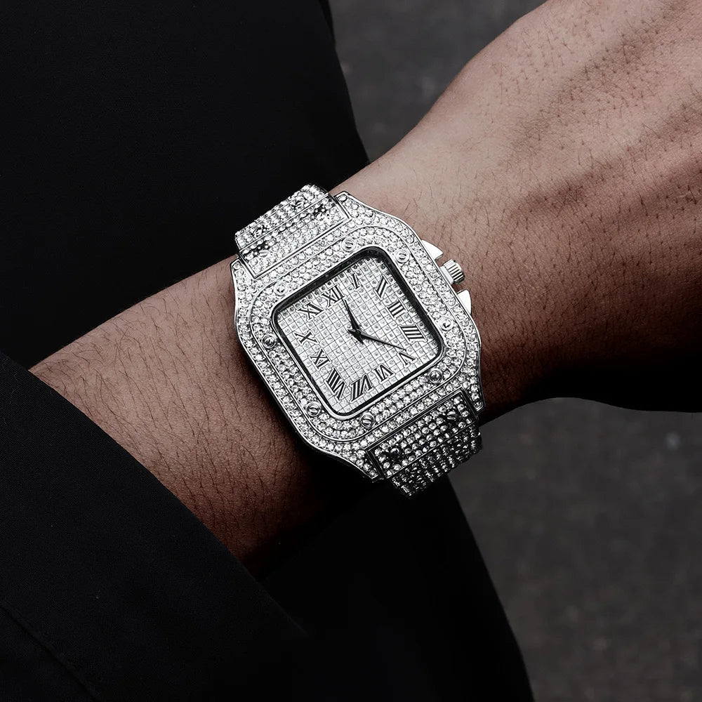Classique luxe affaires hommes bracelet en acier carré échelle romaine strass montre à Quartz Lesiure homme montre-bracelet Relogio Masculino