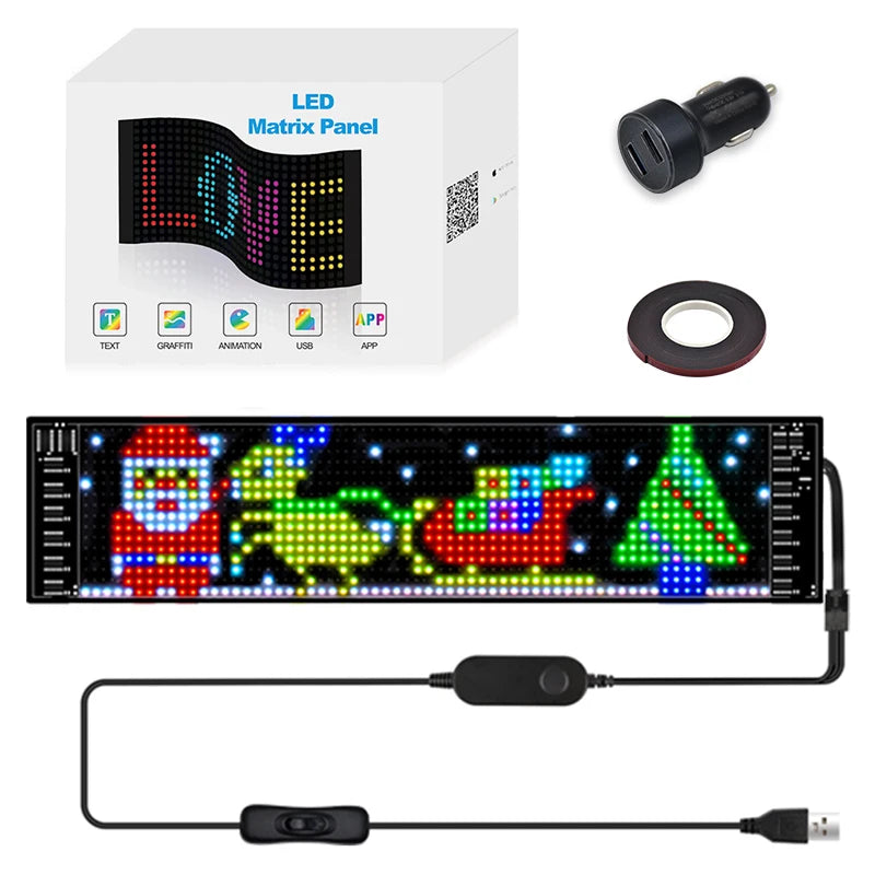Panneau LED Matrix avec affichage coloré, câble USB, chargeur voiture et ruban adhésif pour décoration festive
