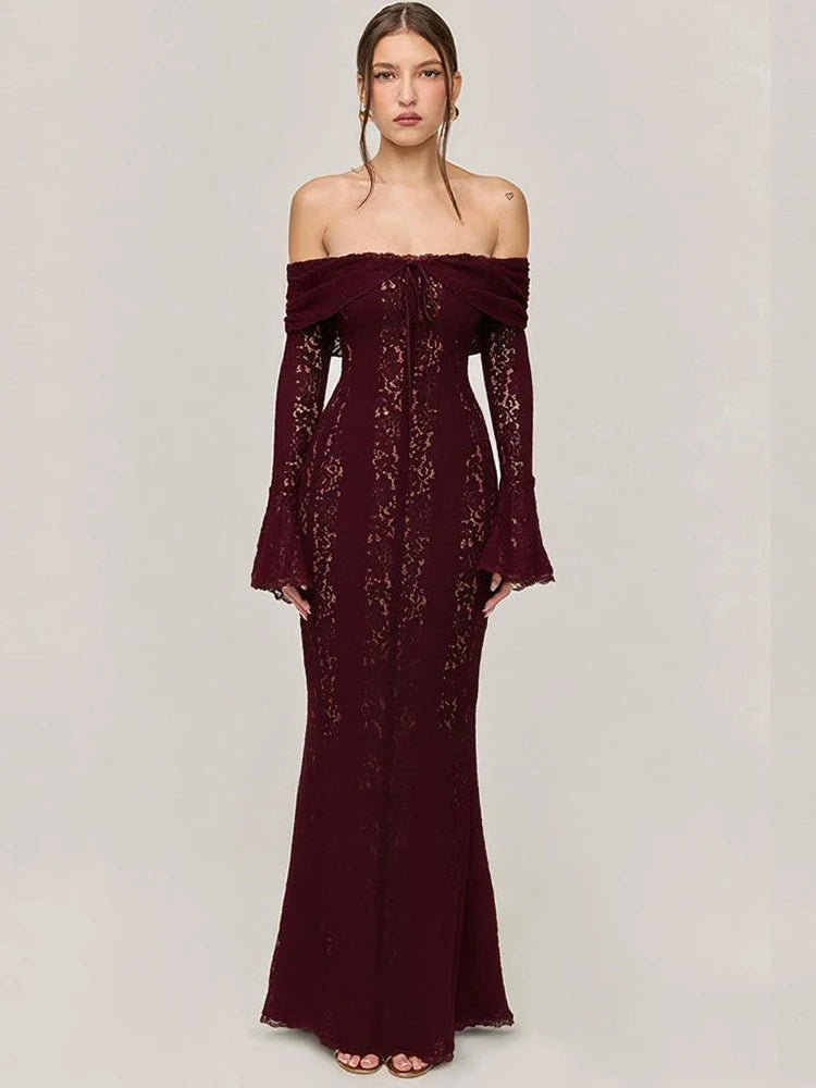 Suninheart Robe Longue Blanche Épaules Dénudées pour Événements - Robe de Soirée Rouge Manches Longues en Dentelle Élégante 2025 - Robe de Mariage Luxueuse, Robe de Bal pour Femmes