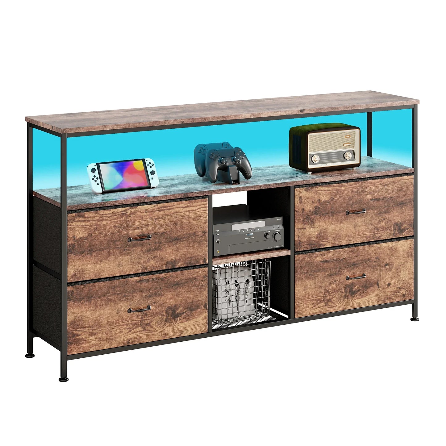 Rosahqnda Meuble TV avec 4 tiroirs, meuble TV, étagères réglables, table TV, meuble TV meuble de salon