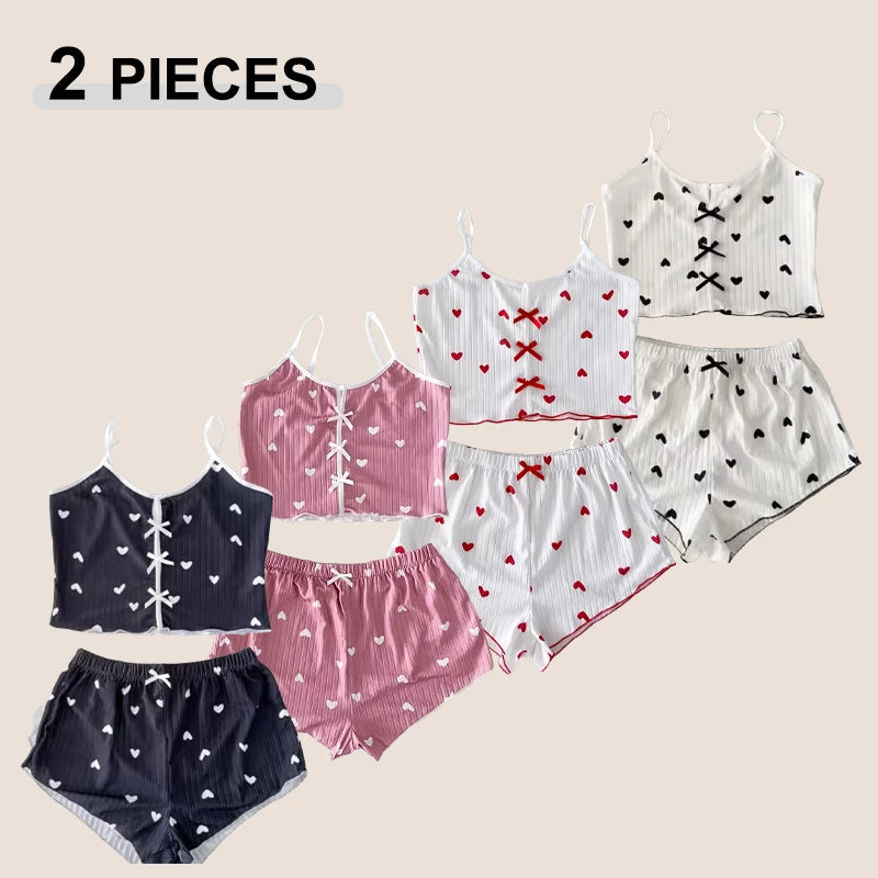 Vêtements de nuit femmes pyjamas ensemble coeur imprimé tissu côtelé doux avec glamour volants garniture décontracté Cami haut et short ensembles vêtements de détente nouveau