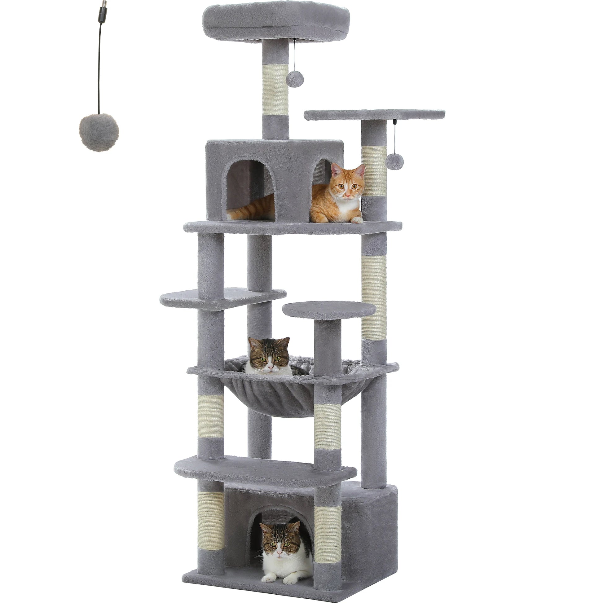 Arbre à chat gris avec plateformes, niches et griffoirs pour chats, idéal pour jeux et repos