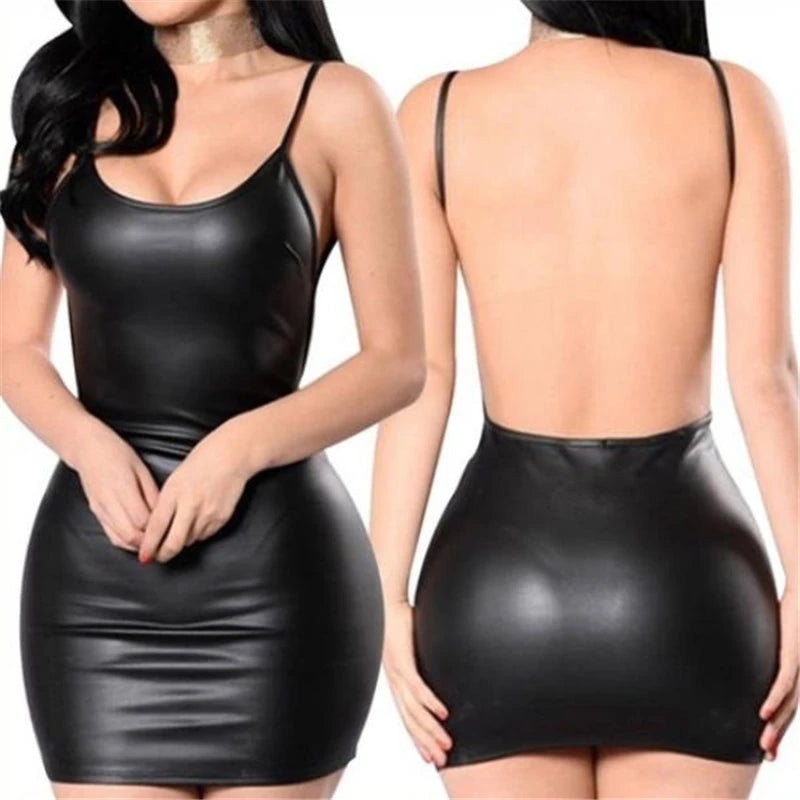 Robe Sexy en Faux cuir, dos nu, robe courte de soirée en boîte de nuit, noir uni, Look mouillé, moulante, soutien-gorge Push Up, Mini Micro robe