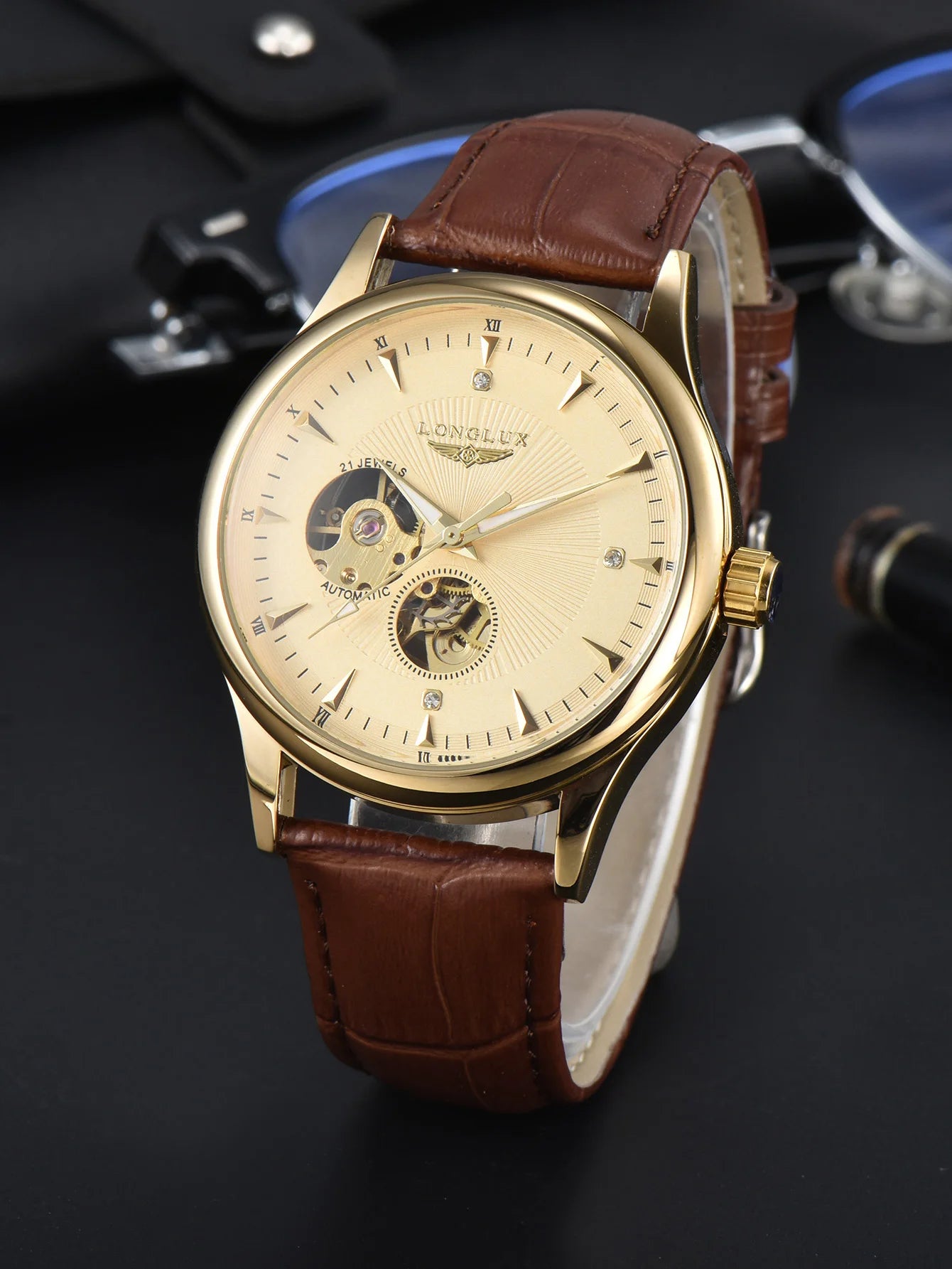Montre automatique LONGLUX, style élégant, vente en gros, montres mécaniques squelette, cadran romain, étanche, montre homme, cadeau pour homme
