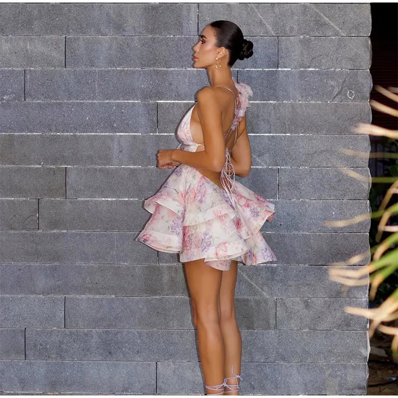 Femmes cravate-teinture 3D fleur col en V pleine sans manches Mini robes mode mince imprimé plusieurs plis robes nouvelle dame vêtements de vacances