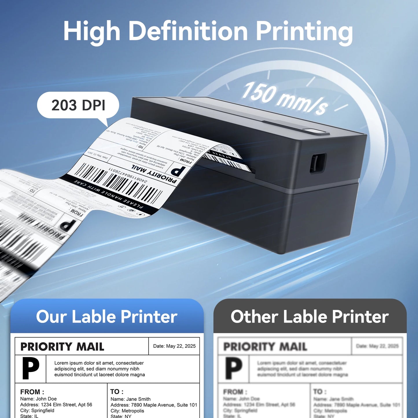 Imprimante d'étiquettes haute définition 203 DPI, impression rapide 150 mm/s, étiquettes Priority Mail nettes