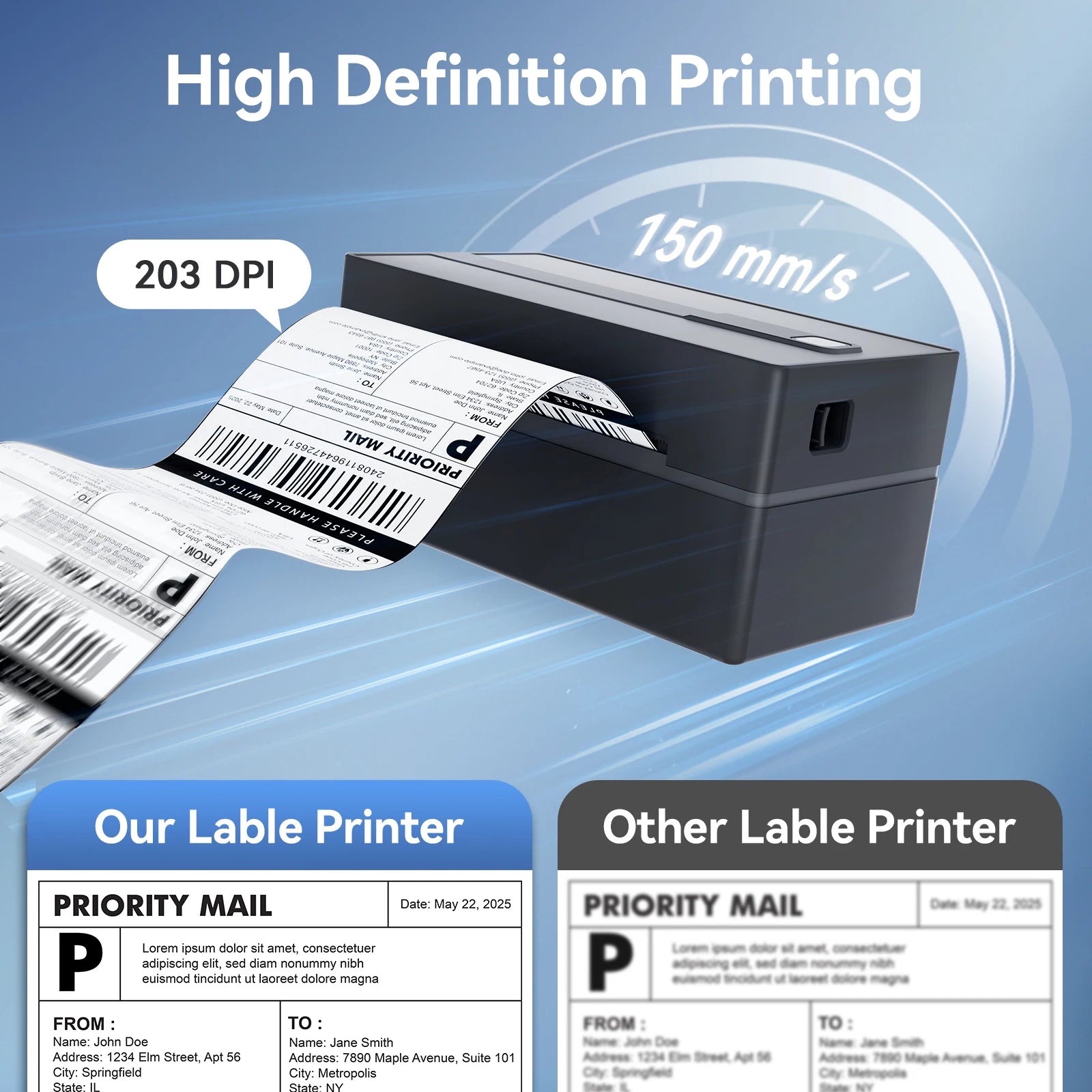 Imprimante d'étiquettes haute définition 203 DPI, impression rapide 150 mm/s, étiquettes Priority Mail nettes