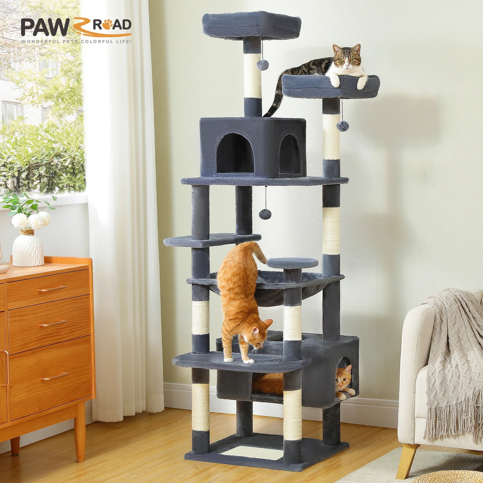 Arbre à chat gris avec griffoirs et niches pour chats, idéal pour intérieur et jeux félins