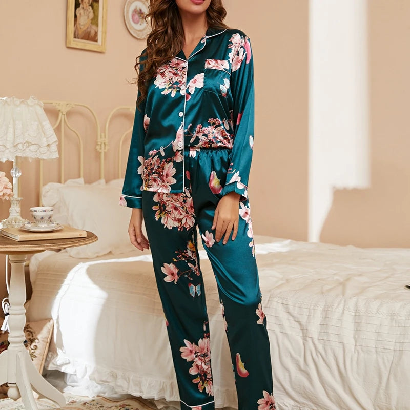 Femmes Satin Pyjama décontracté vêtements de nuit maison vêtements costume automne à manches longues boutonné haut et pantalon vêtements de nuit vêtements de détente Pyjama Femme