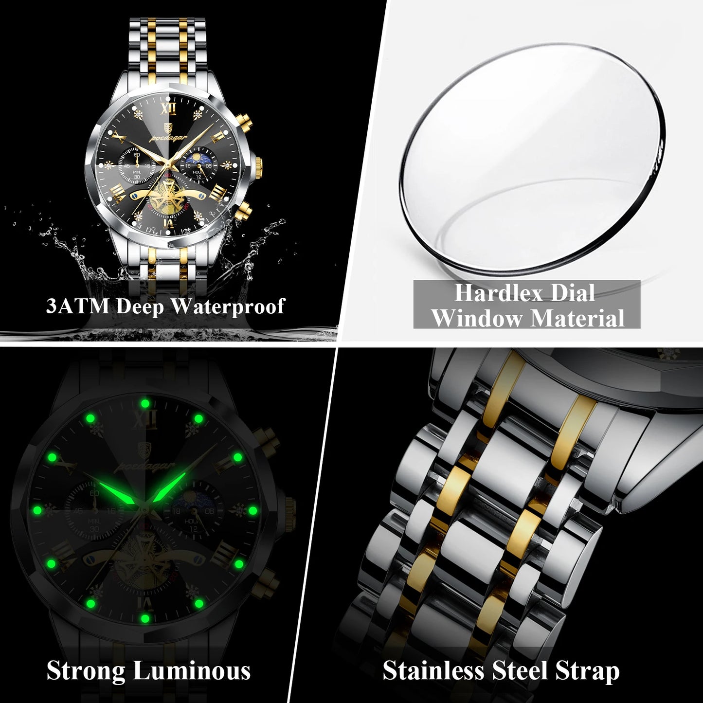 POEDAGAR Montre de luxe pour homme, étanche, chronographe lumineux, montre sport pour homme, acier inoxydable, montre à quartz tendance pour homme, Reloj