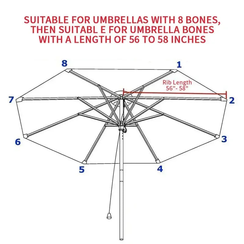 Schéma parasol 8 baleines, longueur 56-58 pouces, compatible accessoires jardin extérieur