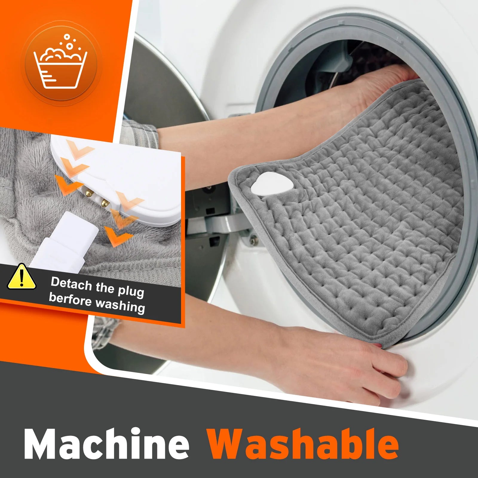 Tapis chauffant lavable en machine, gris matelassé, avec débranchement avant lavage pour sécurité