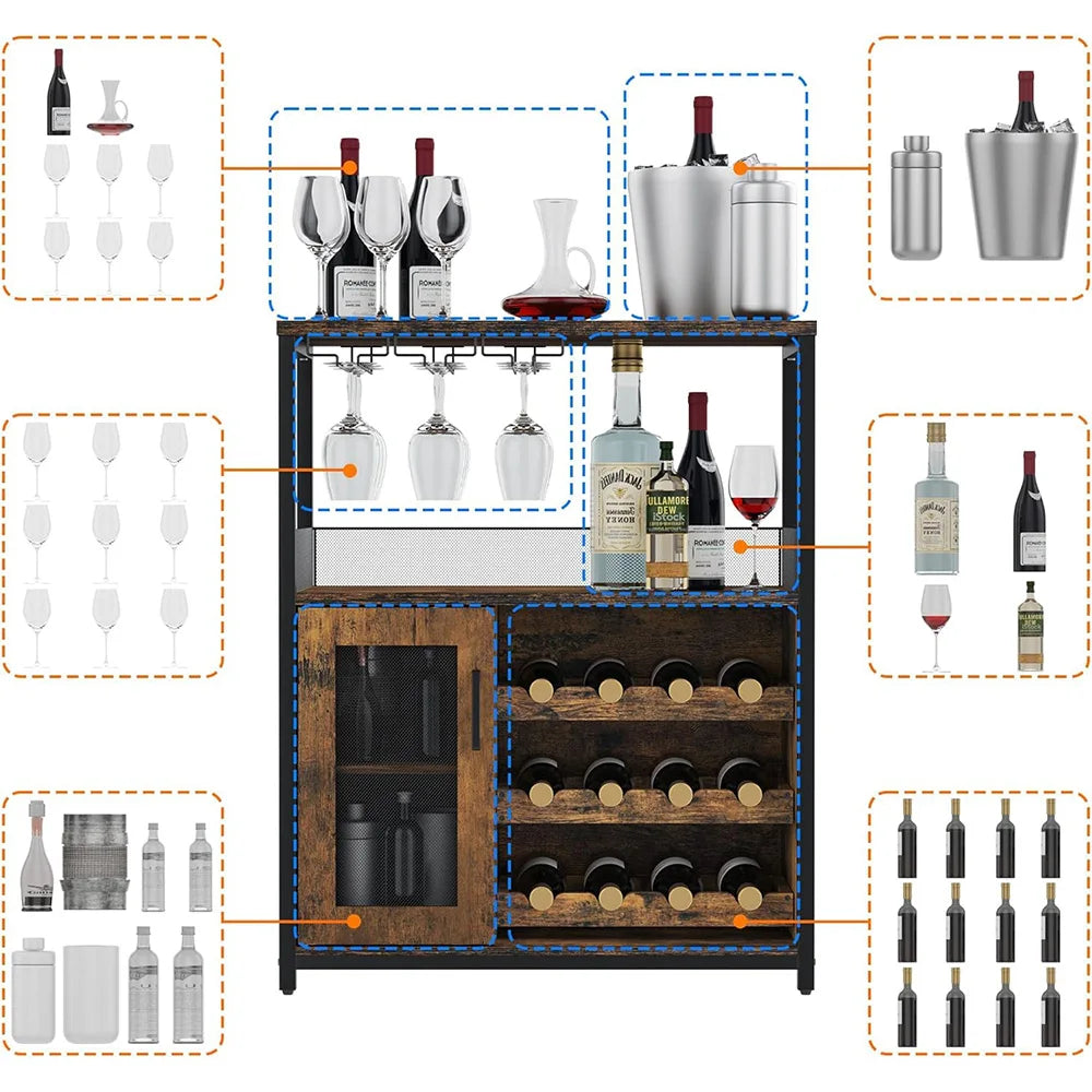 Armoire à vin rétro avec lumières LED 7 couleurs, porte-bouteille réglable et support en verre, stockage de boissons multifonctionnel pour Bar à domicile