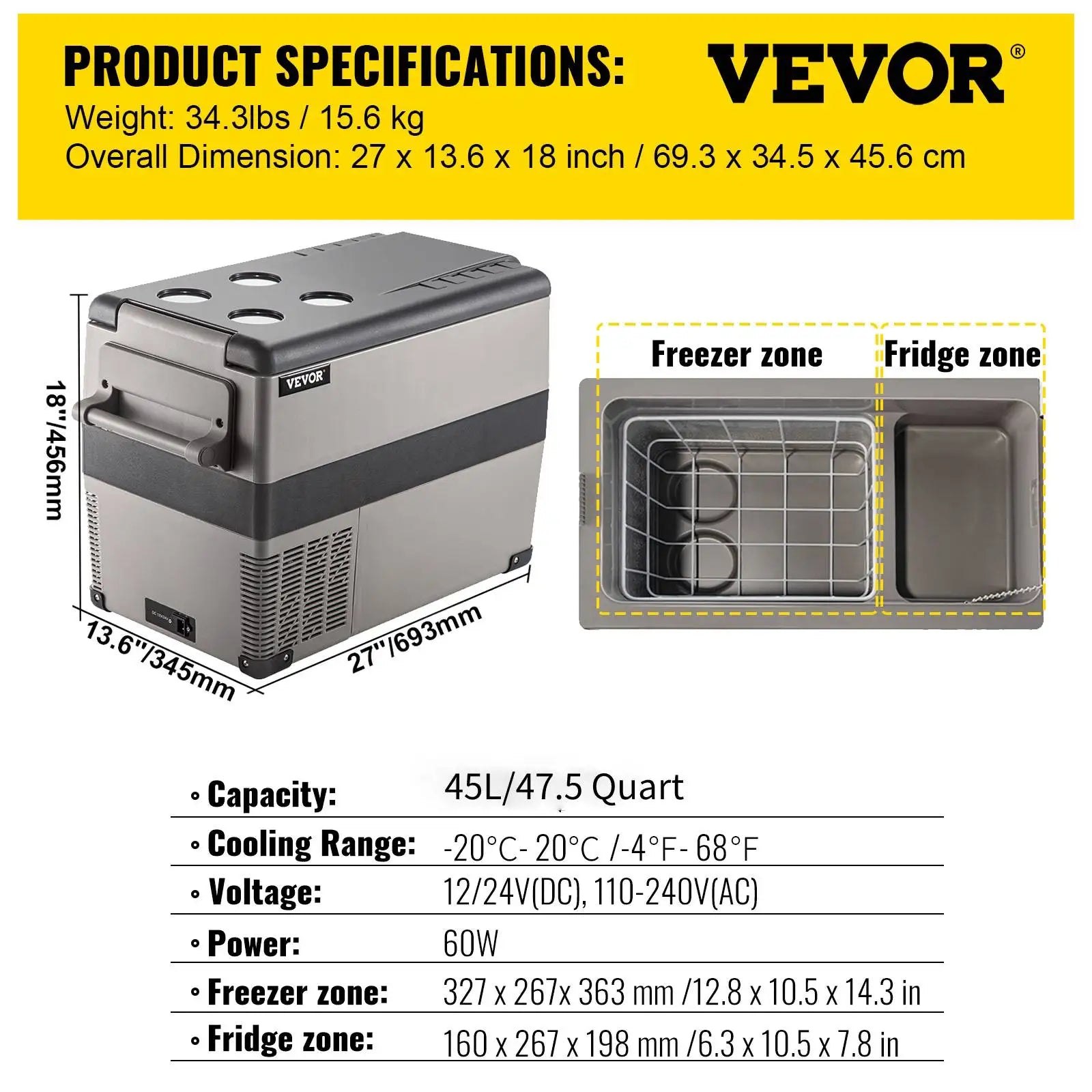 Réfrigérateur portable VEVOR 45L avec zone congélateur et réfrigérant, idéal pour camping ou voiture