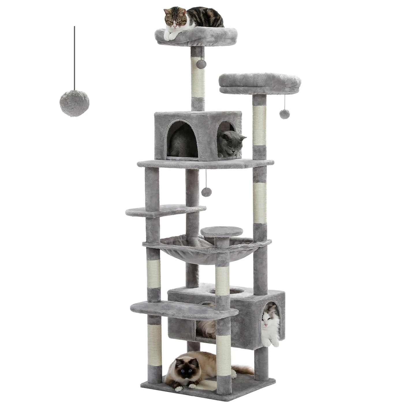 Arbre à chat gris multi-niveaux avec niches, plateformes et griffoirs pour chats, idéal pour jeux et repos